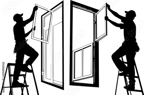 Window Installation and Repair: Silhouette of Workers on Ladder