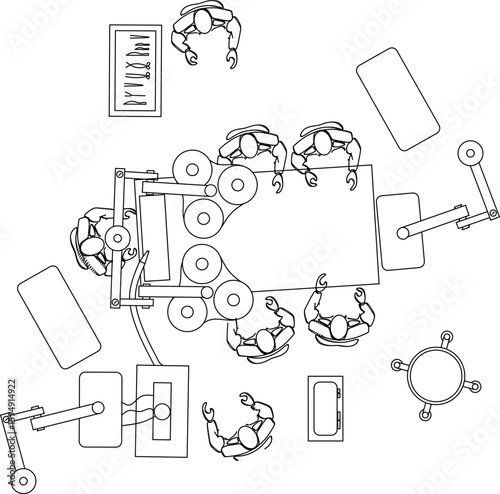 a detailed vector diagram of an operating room layout, viewed from above. 