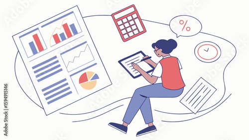 Woman analyzing financial charts and data with a calculator and clock
