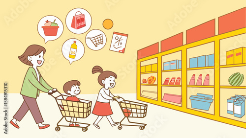 Happy family shopping for groceries at the supermarket together