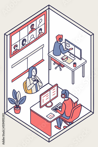 People working remotely and participating in a video conference call