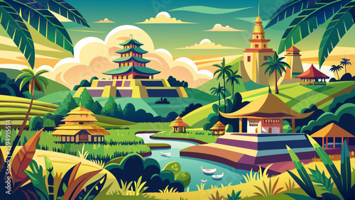 Ubud, Bali, Indonesia – Lush rice fields and artisan shops surround this spiritual village. Nature and creativity harmonize in a dreamlike vector-ready environment.