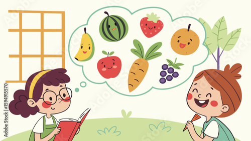 Children imagining healthy food while reading and eating