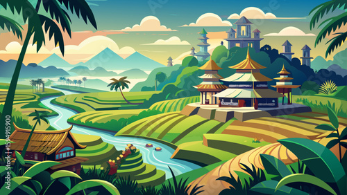 Ubud, Bali, Indonesia – Lush rice fields and artisan shops surround this spiritual village. Nature and creativity harmonize in a dreamlike vector-ready environment.