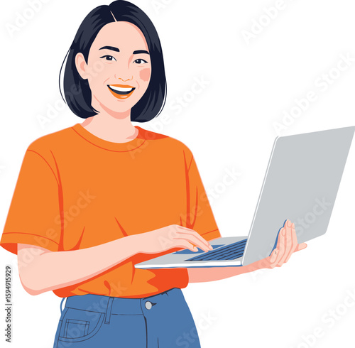Smiling woman works on a laptop, wearing casual clothes.