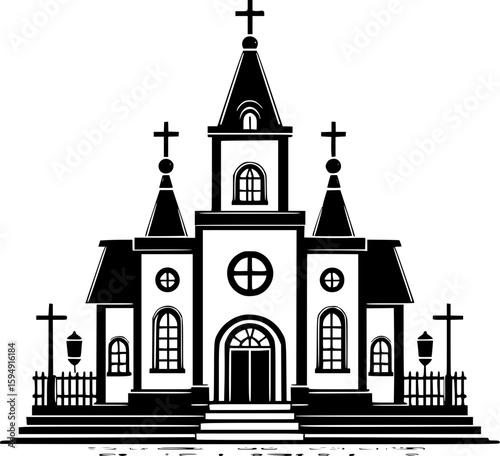 Black and white flat vector of a traditional church with a cross on top, simple and iconic christian architecture.