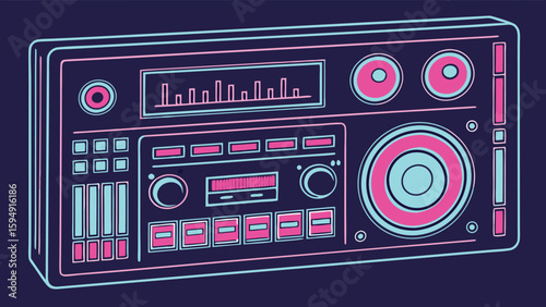 Illustration of a retro stereo system with multiple buttons and dials in pink and light blue colors