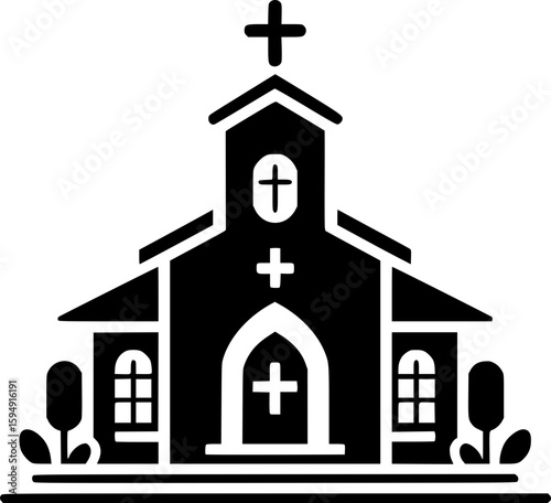 Black and white flat vector of a traditional church with a cross on top, simple and iconic christian architecture.