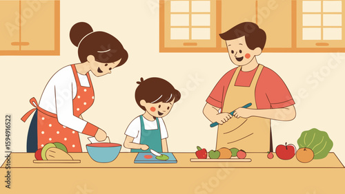 Family happily cooking together in the kitchen preparing healthy food