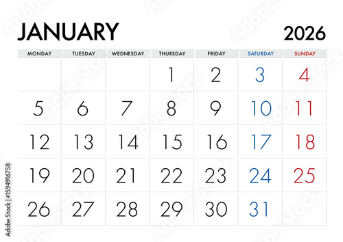 2026年1月のカレンダー月曜始まり 日本の祝日表記無し