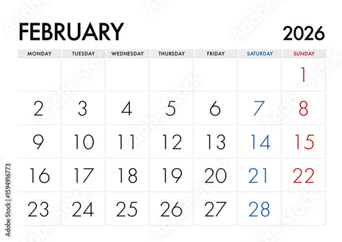 2026年2月のカレンダー月曜始まり 日本の祝日表記無し