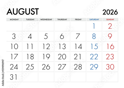 2026年8月のカレンダー月曜始まり 日本の祝日表記無し