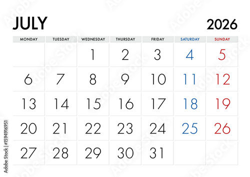 2026年7月のカレンダー月曜始まり 日本の祝日表記無し