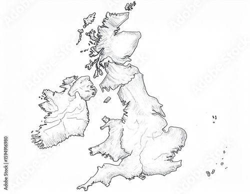 Hand-Drawn Map of the British Isles: Detailed Outline Illustration of Great Britain and Ireland