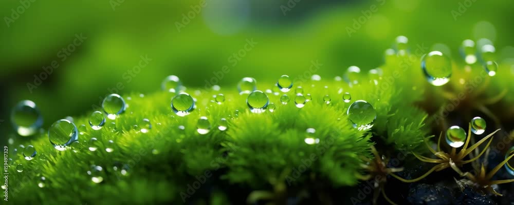 Dew drops on green moss close up macro photography showing fresh natural moisture and water drop texture in nature with sparkling detail