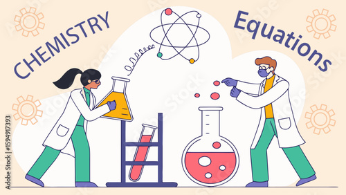 Scientists conducting experiments in a chemistry lab with beakers and atom models