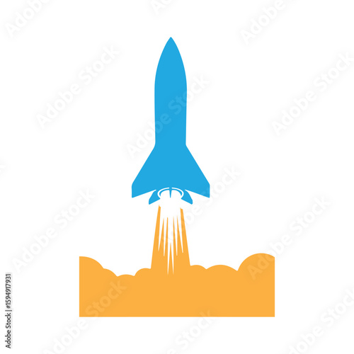Blue rocket launching into space with fiery exhaust from launchpad
