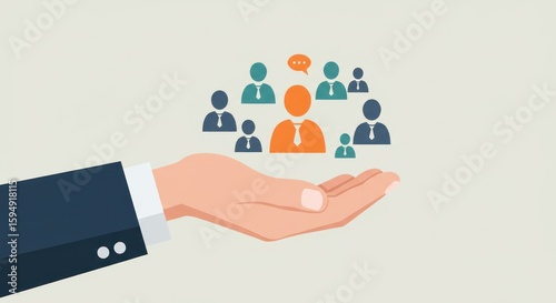 Hand holding group of people icons with one speaking in orange.