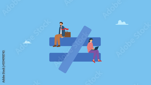 Unequal or not equal sign with businessman on top level and businesswoman on lower level. Gender inequality, unequal discrimination on lady or woman such as career, work or social rights issue.