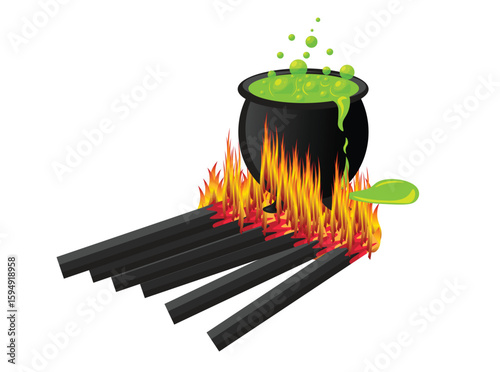 A black cauldron sits over a fire, filled with bubbling green liquid. Several wooden logs underneath are ablaze, creating flames that lick the cauldron's base