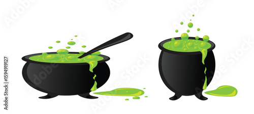 Black witches cauldron with potion. Vector illustration.