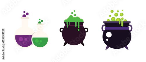 Black witches cauldron with potion. Vector illustration.