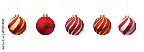 Five Christmas ornaments hanging in a row, each spherical in shape. The first and fourth have red and gold spiral patterns, the second is solid red, the third and fifth feature red and white spirals. 