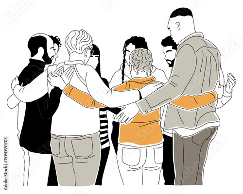 A group of diverse people hugging each other, symbolizing unity, empathy, and support. Hand drawn colored sketch style illustration, isolated on transparent background. Community and care concepts.
