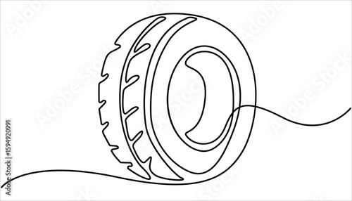 continuous drawing of a car tire in one line. vector, One continuous line illustration of a car wheel, isolated on white background. Wheel continuous one line drawing. Automobile tire symbol. 