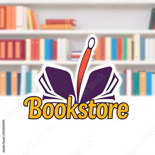 Bookstore & Pen Logo: A creative logo featuring an open book and a pen, set against a blurred bookshelf background. Ideal for bookstores, educational services, or writing platforms.
