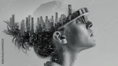 Digital overlay shows female using brain-computer interface to manage IoT across smart city ecosystem