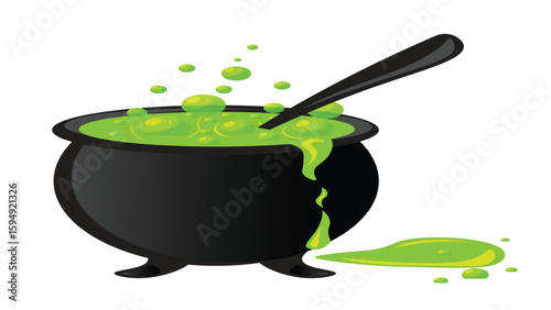 Black witches cauldron with potion. Vector illustration.