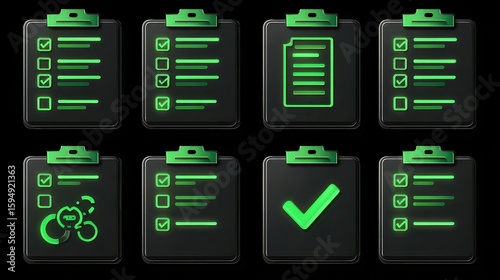 Digital performance checklist glows as milestones are completed, with icons for achievement, goal tracking, and success indicators highlighting task progress and productivity visuals.