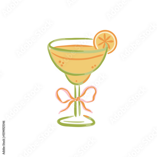 Limoncello or Margarita. Glass of yellow cocktail with citrus slice and ribbon bow. Summer party and tropical drink concept. Hand drawn vector illustration for sticker, bar menu, party invitation