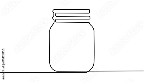 Glass canning jar in continuous line art drawing style. Food preserve. Hand drawn vector art, One line continuous drawing vector illustration.
