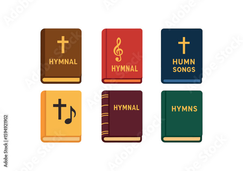 Six colorful hymnals with musical symbols and crosses