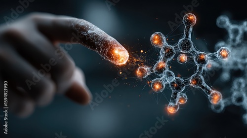digital scene shows a person unlocking a molecular structure with a virtual key as neural and cellular data hover in the air.