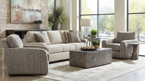Light beige and gray living room with comfortable furniture and a coffee table.