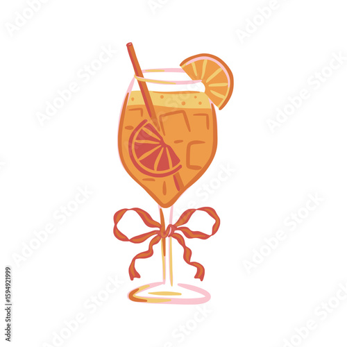 Aperol Spritz. Glass of orange cocktail with ice cubes, straw, citrus slice and ribbon bow. Summer party and tropical drink concept. Hand drawn vector illustration for bar menu, party invitation