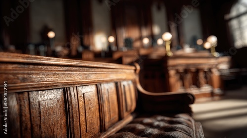 Close-up view of intricately carved wooden pews in a historical hall.