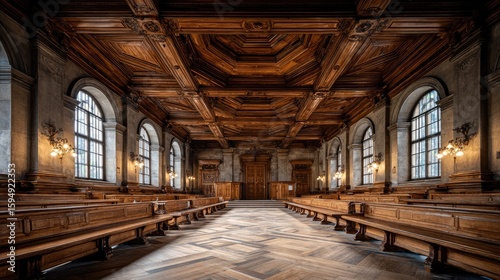 An ornate courtroom with rows of wooden benches.