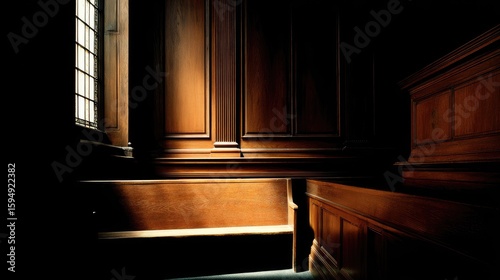 Wooden paneled room with a shaft of light.