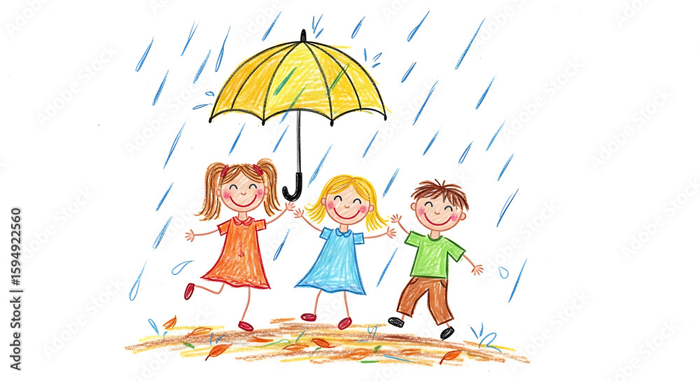 Obraz premium Children's drawing with wax crayons shows children playing under umbrella in rain. Naive children's drawing showcases playful scene with uneven lines and soft colors