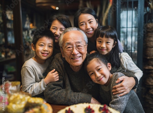 A Chinese family celebrating the father's birthday party at home with three generations of the same big, happy Asian household in the background. Grandpa is sitting down, surrounded by his adult child