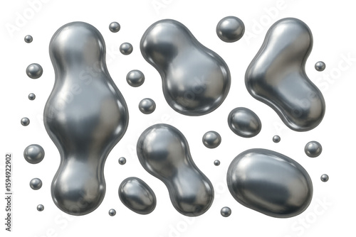 3d render of liquid silver or mercury drops floating in zero gravity on transparent background, perfect for digital art and creative projects