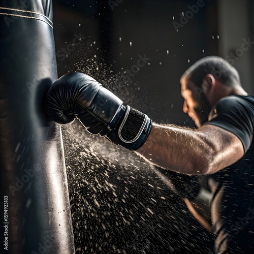 Close-up of a boxer delivering a powerful punch with gloves during intense training in a gym, emphasizing impact, power, and technique in boxing sports.