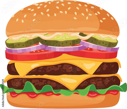 Illustration of a double cheeseburger with sesame seed bun and various toppings on white background