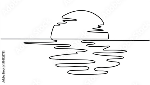 One line drawing of sunset at beach vector, Sun on sea beach one black continuous line, Nature landscape with sunshine on coast.  landscape with sun and beach in one line Sunset on beach.