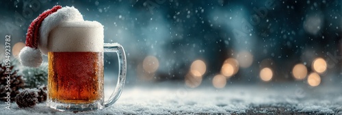 Festive beer with Santa hat in winter wonderland setting during holiday season