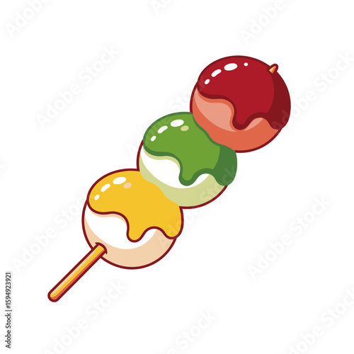 Colorful dango dessert skewers with red, green, yellow flavors  